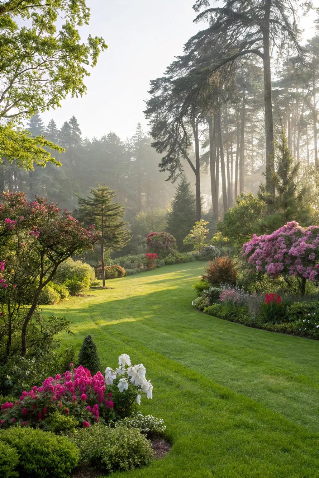 A shady lawn offers a lush, open space for relaxation.