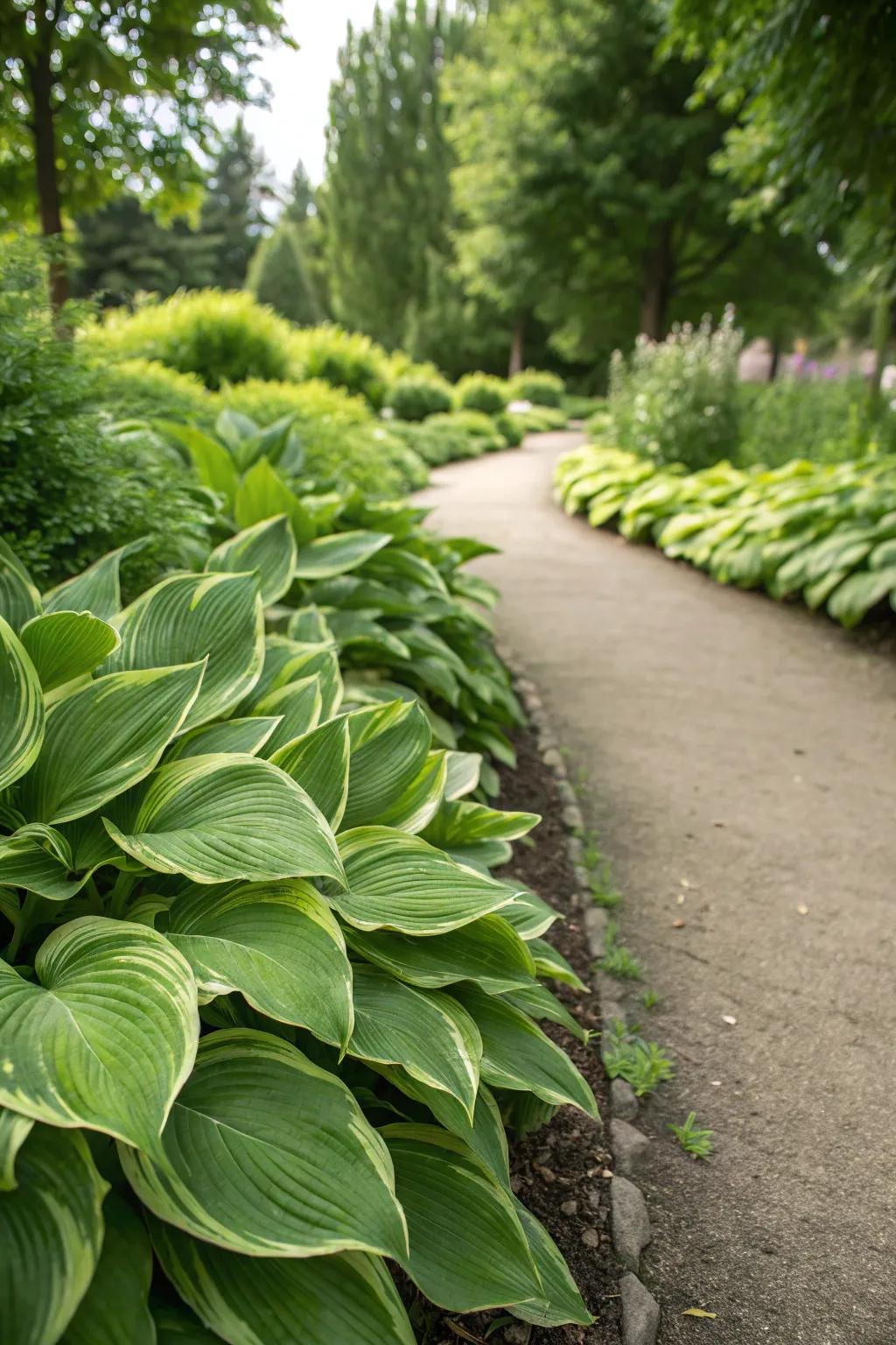 Hostas provide a lush, textured border in the garden.