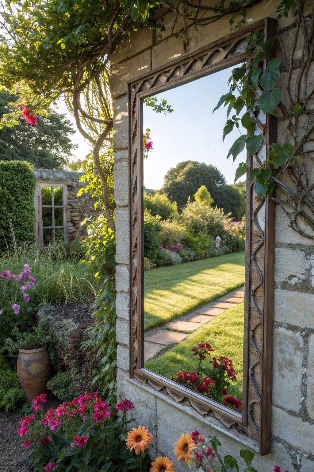 A mirror expands space and reflects light in your garden.