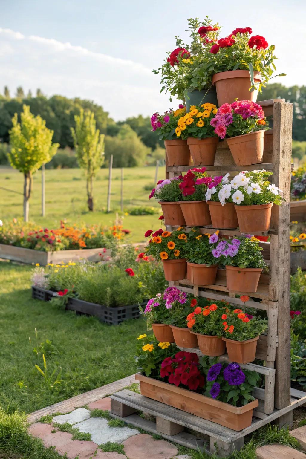 Living art display made with pallets and vibrant plants