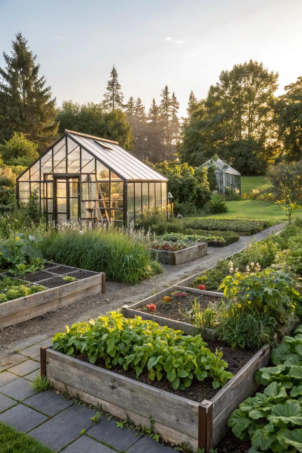 Raised beds and a greenhouse for a productive and beautiful garden