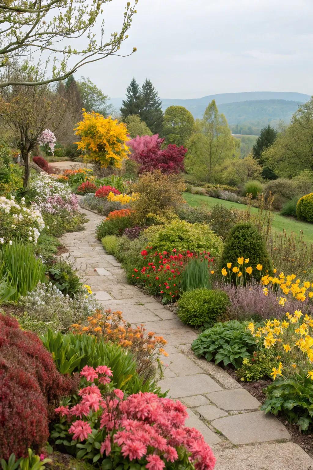 Seasonal garden display with a variety of blooming plants