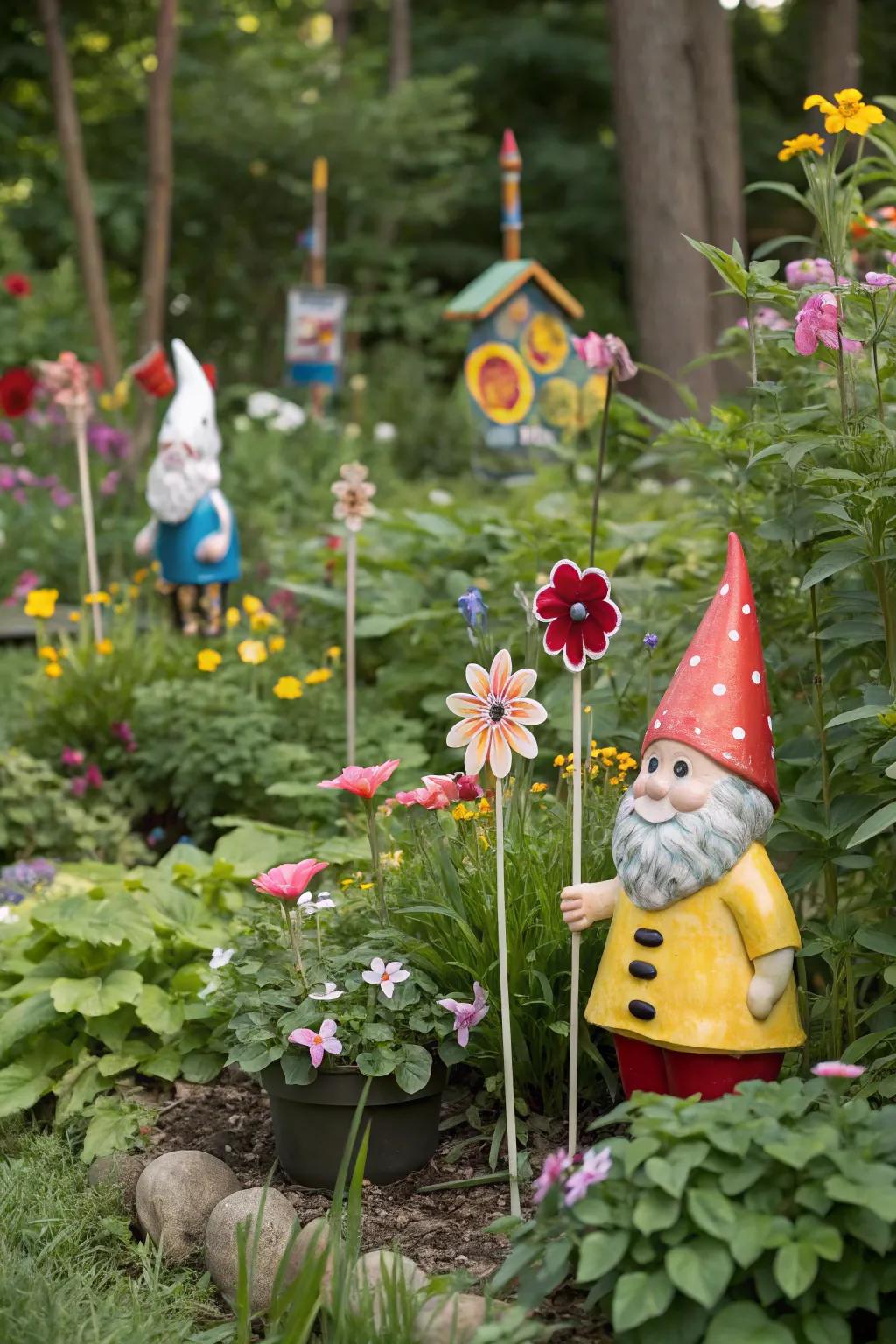 Garden gnomes and decorative stakes bring whimsy to your garden