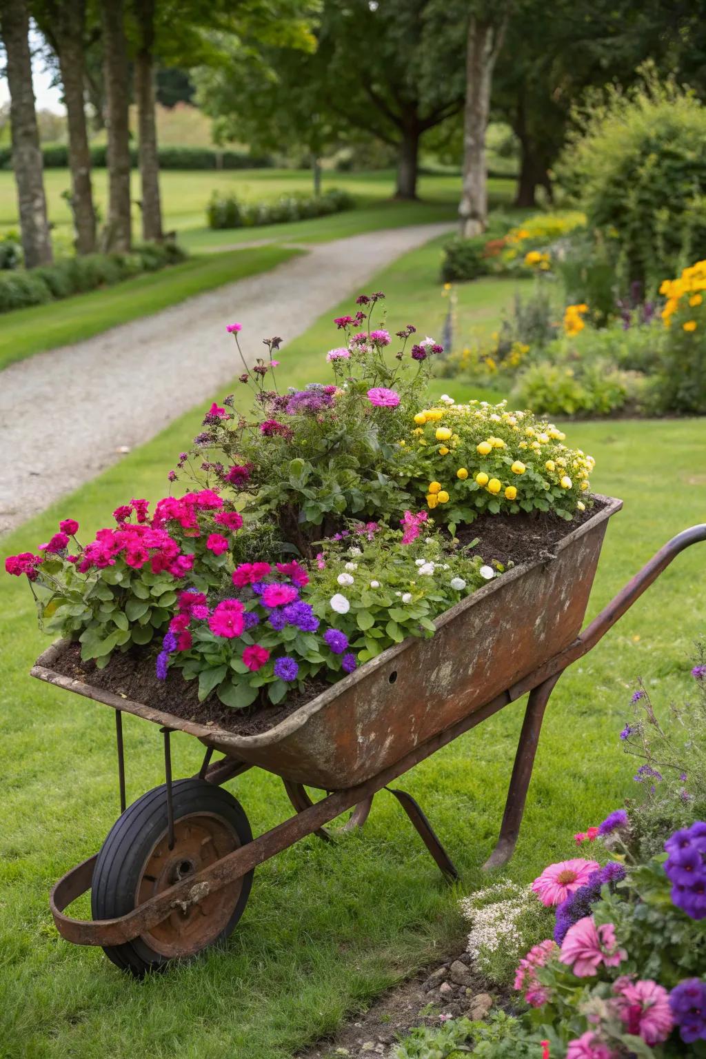 Repurposed wheelbarrow bursting with vibrant flowers