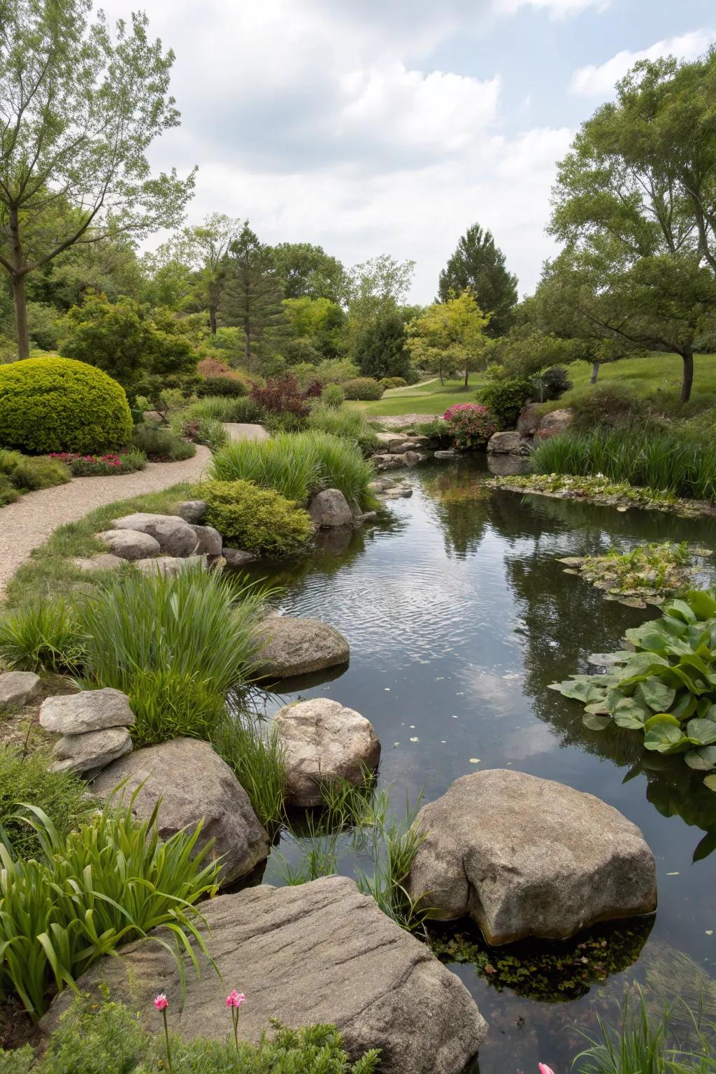 Natural rocks and a serene pond enhance garden tranquility