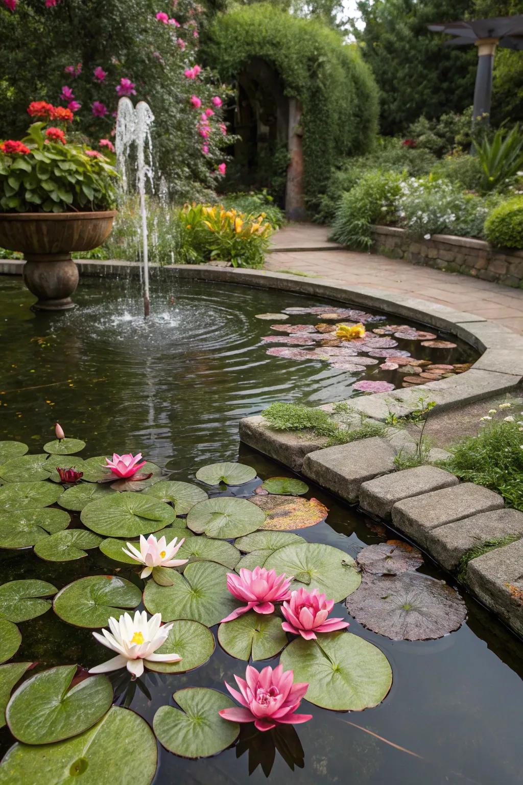 Calming garden pond with a trickling fountain