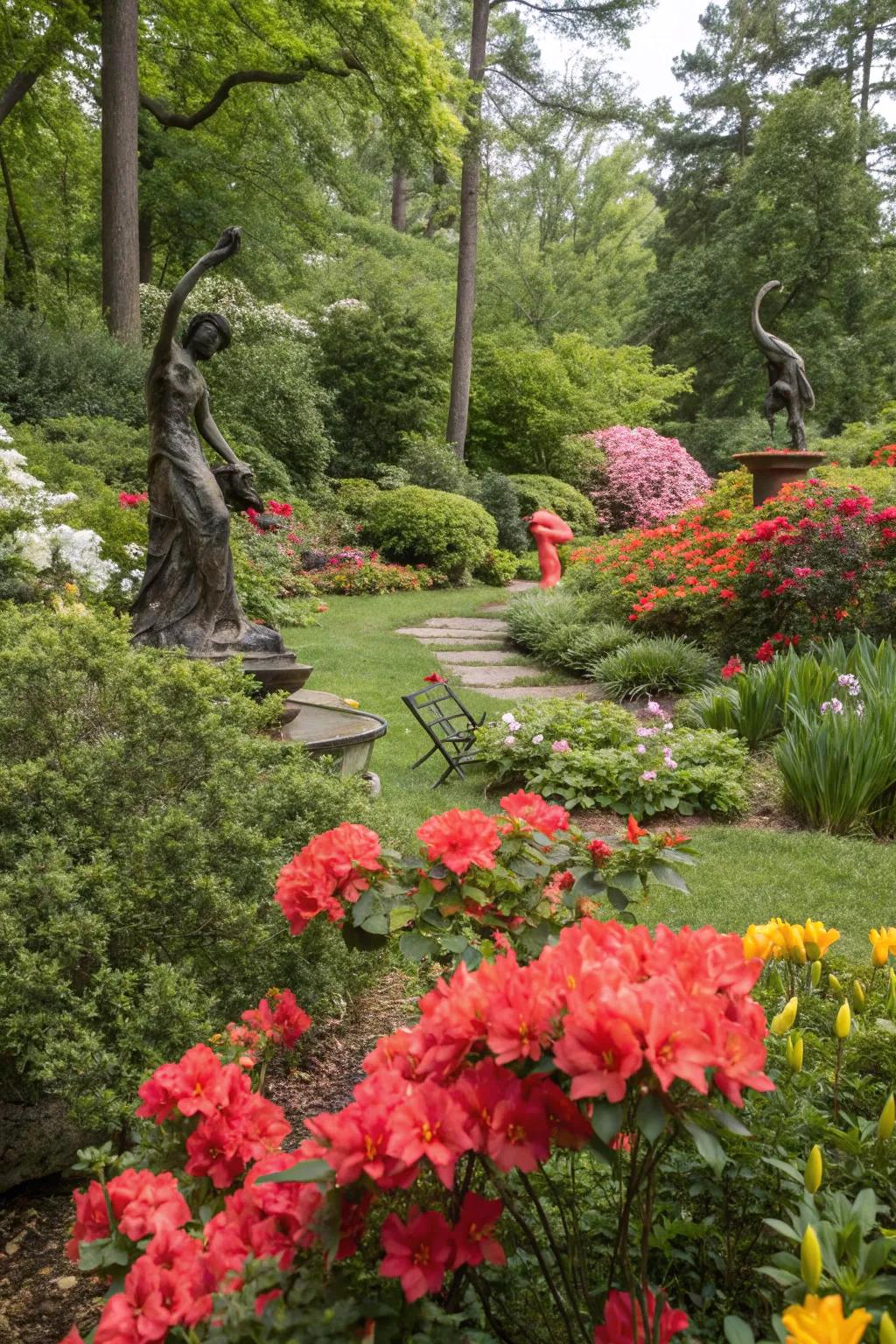 Bright flowers and unique sculptures make a striking garden scene
