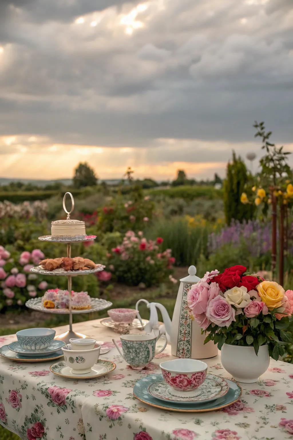 Whimsical tea party setup in a vibrant garden