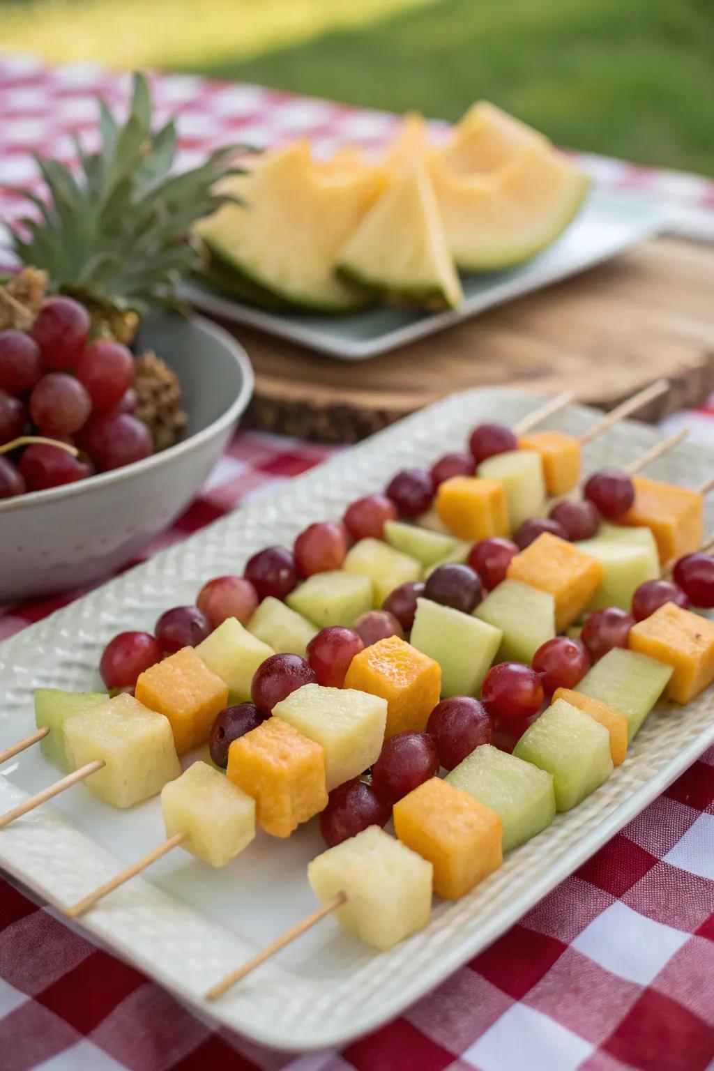 Fruit skewers offer a convenient way to enjoy fresh fruit.