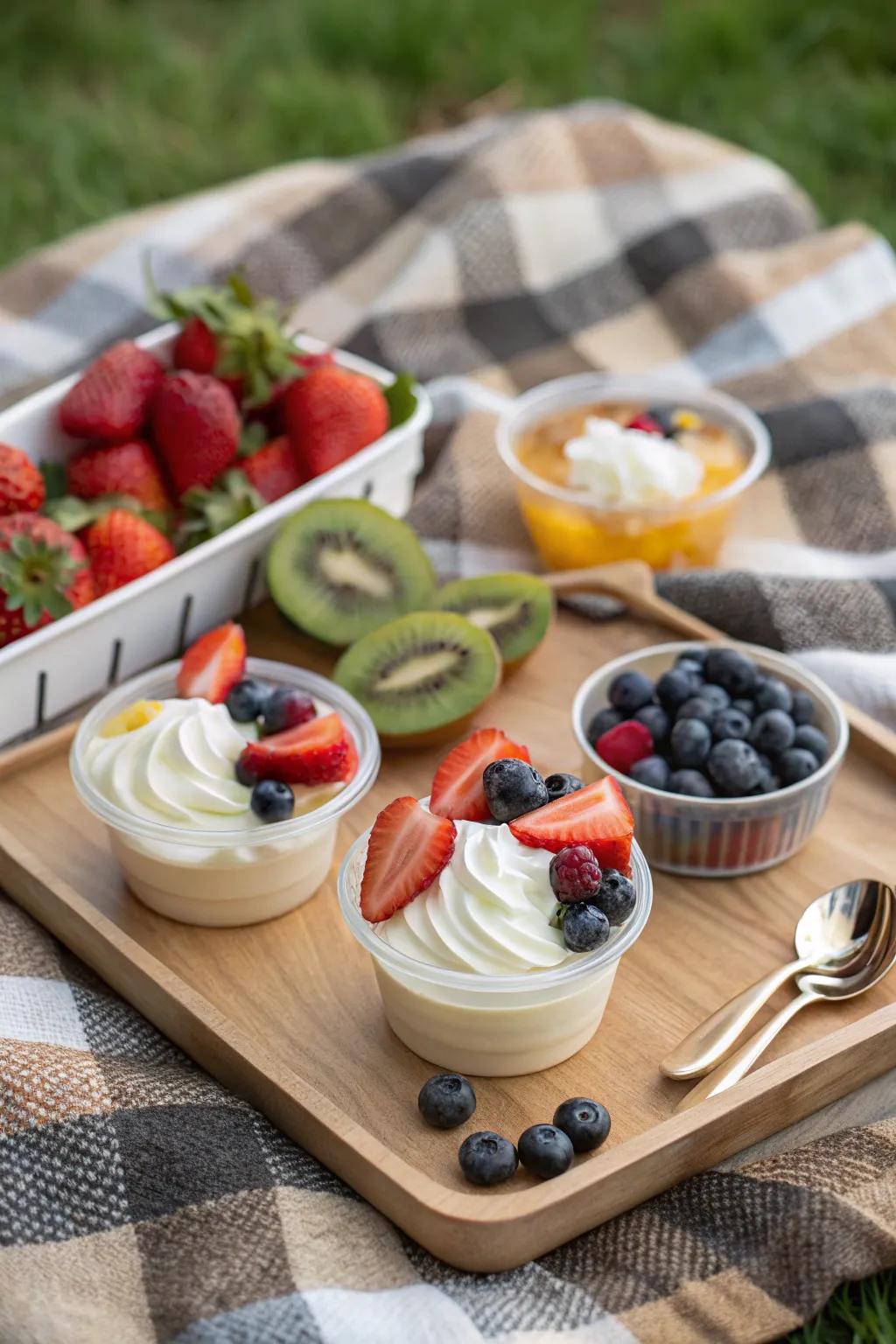 Sweet dips elevate the fruit picnic experience.