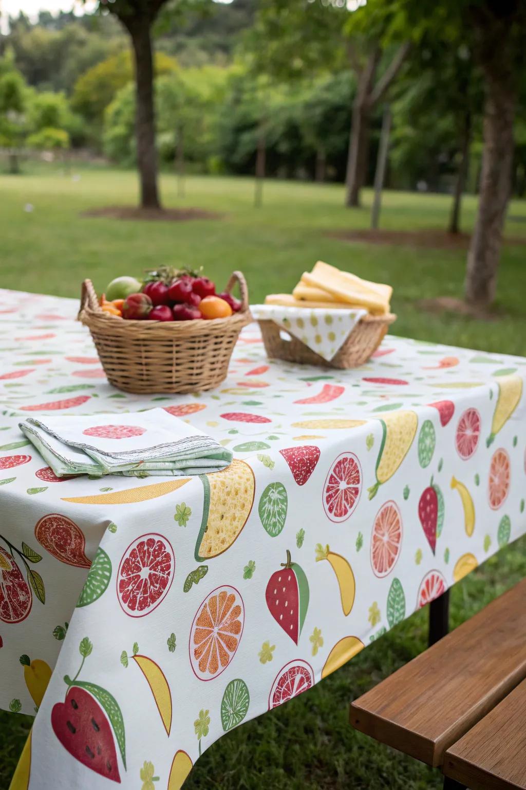 Fruit-themed decor enhances the picnic atmosphere.
