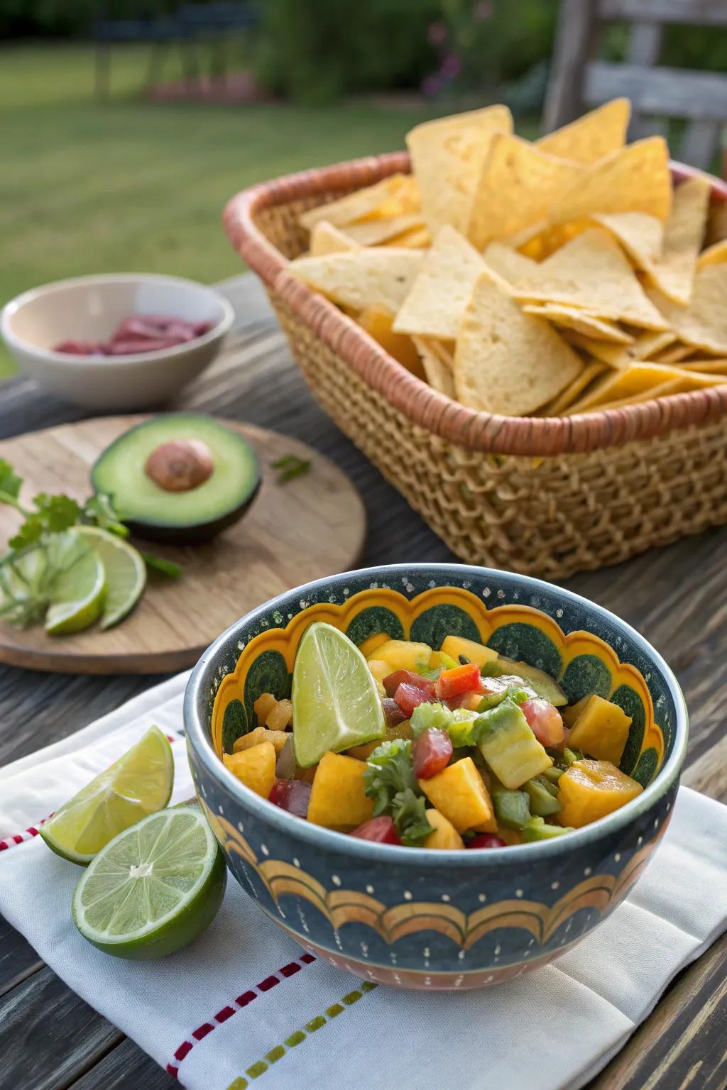 Savory fruit salsa adds a zesty twist to the picnic.