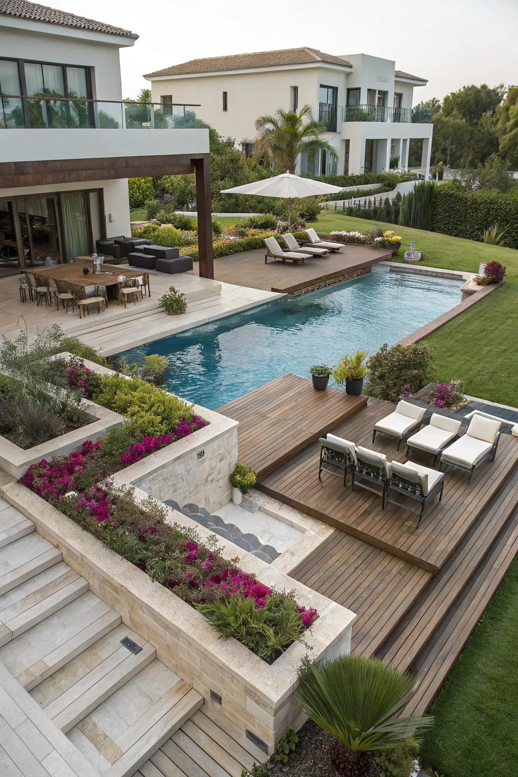 Create dynamic spaces with multi-level poolside design.