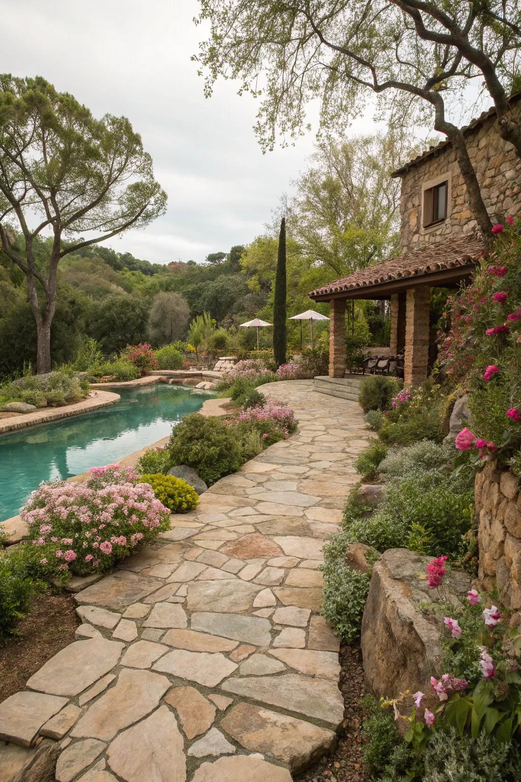 Enhance your pool's entry with natural stone pathways.