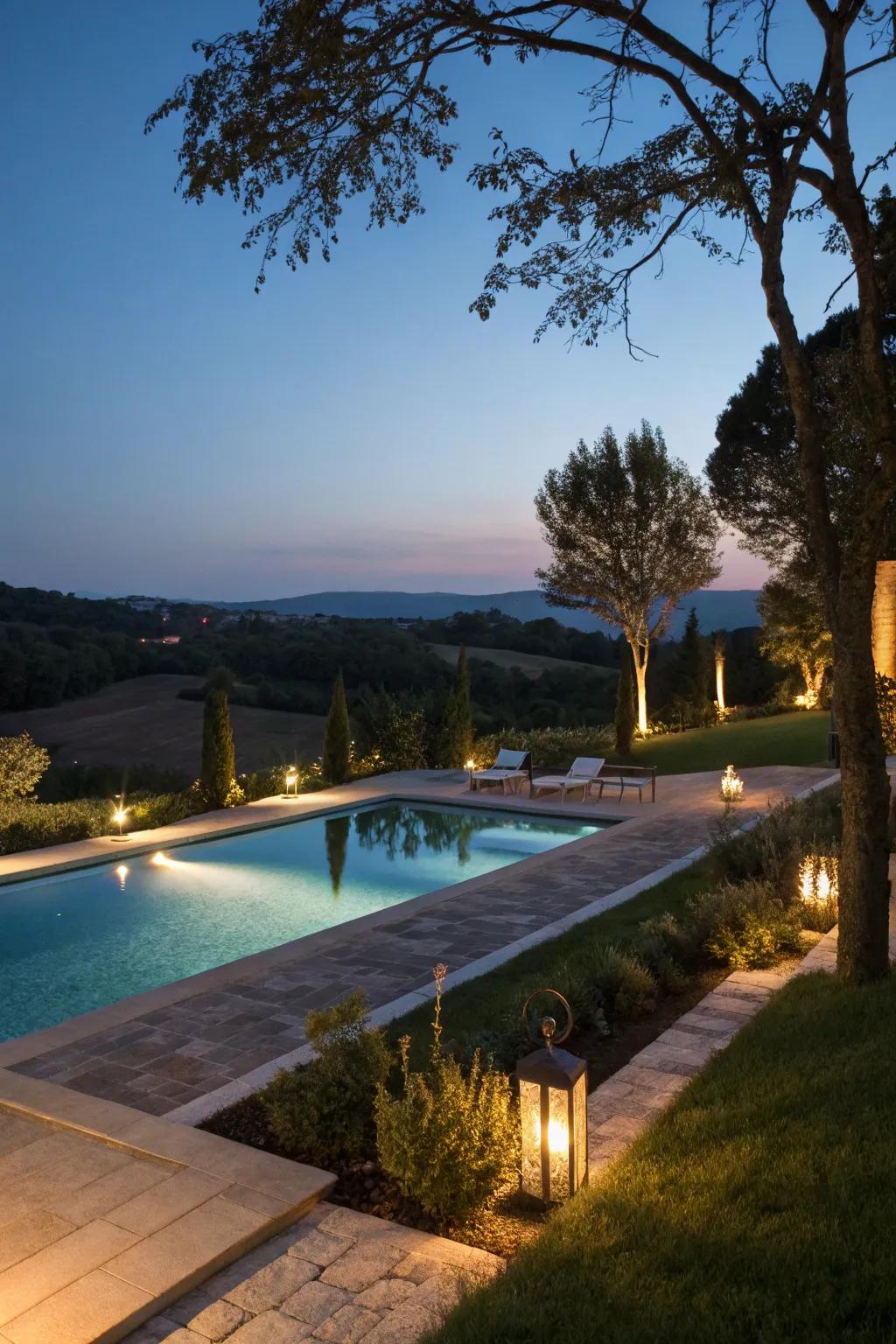 Set the mood with enchanting poolside lighting.