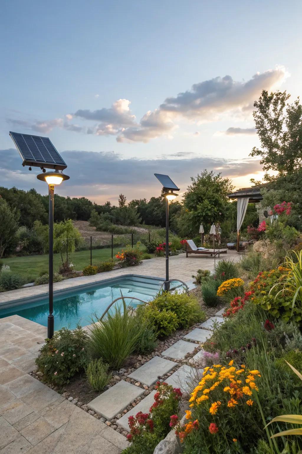 Opt for eco-friendly choices in your poolside design.