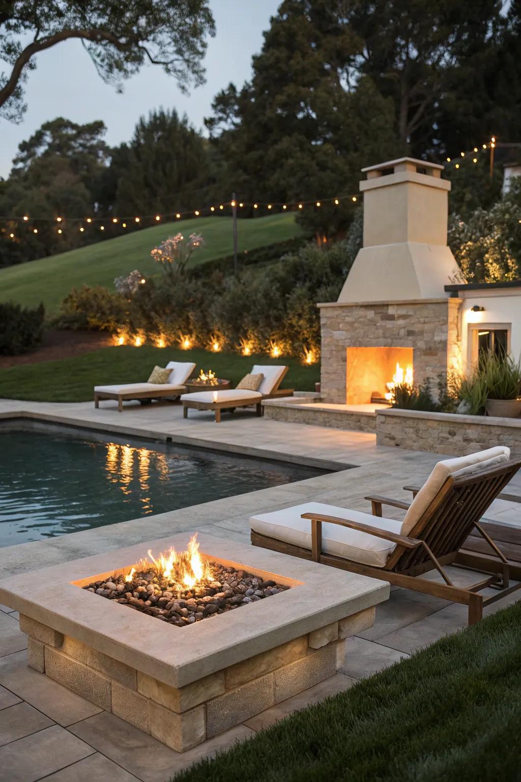 Add a touch of warmth with a poolside fire feature.
