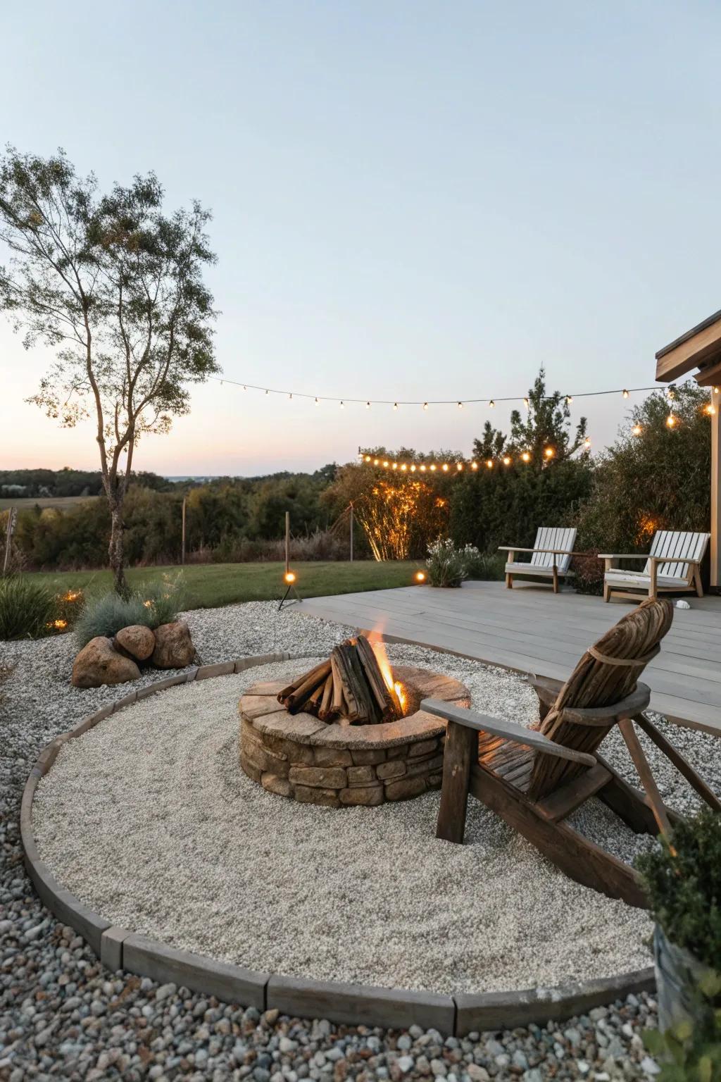 A cozy fire pit area enhanced by the safety and style of pea gravel.