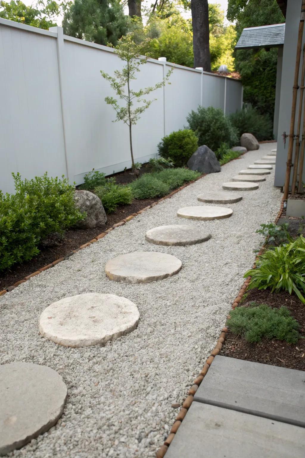 A minimalist garden featuring pea gravel and stepping stones for a modern touch.