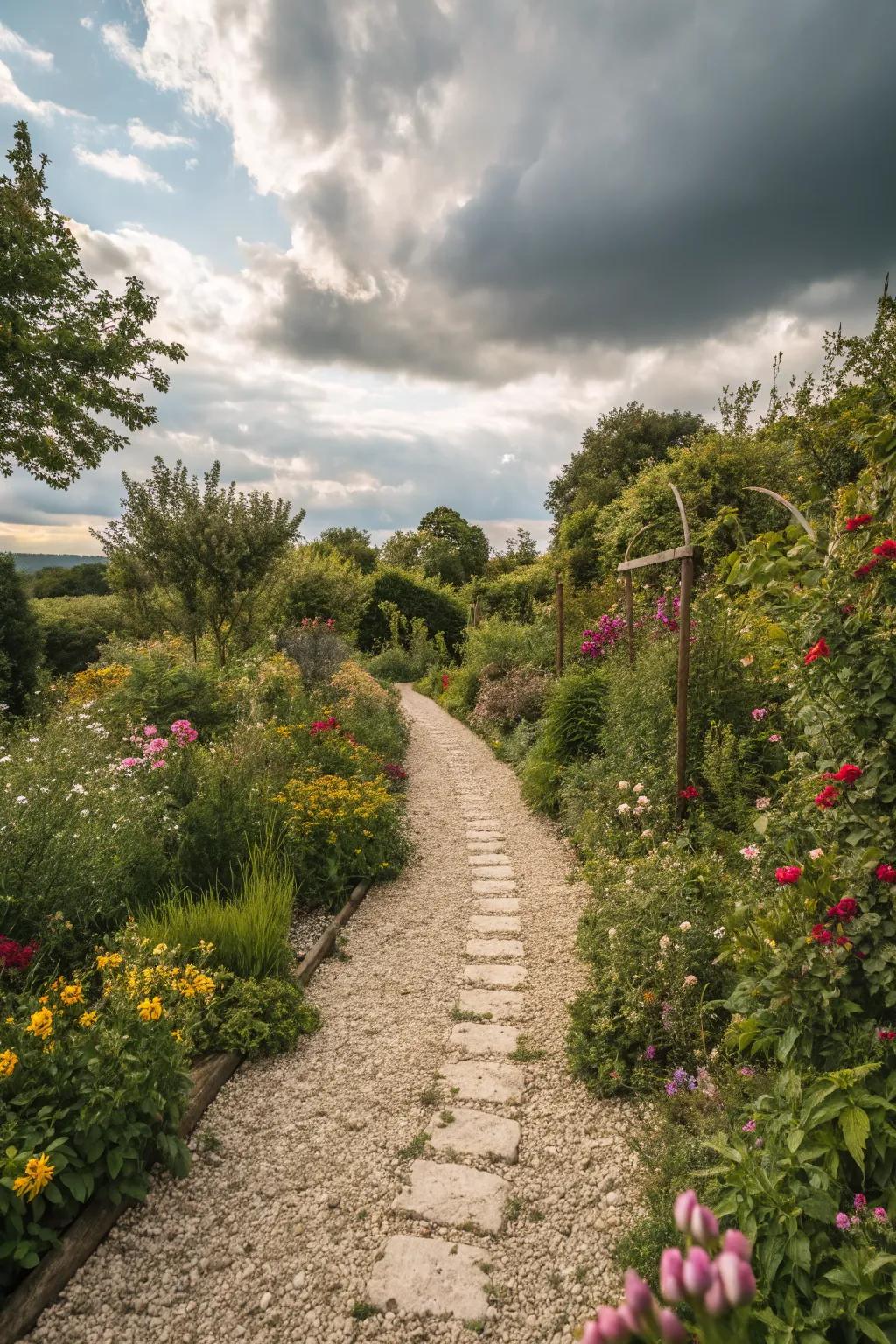 A playful garden path crafted from pea gravel, inviting exploration.