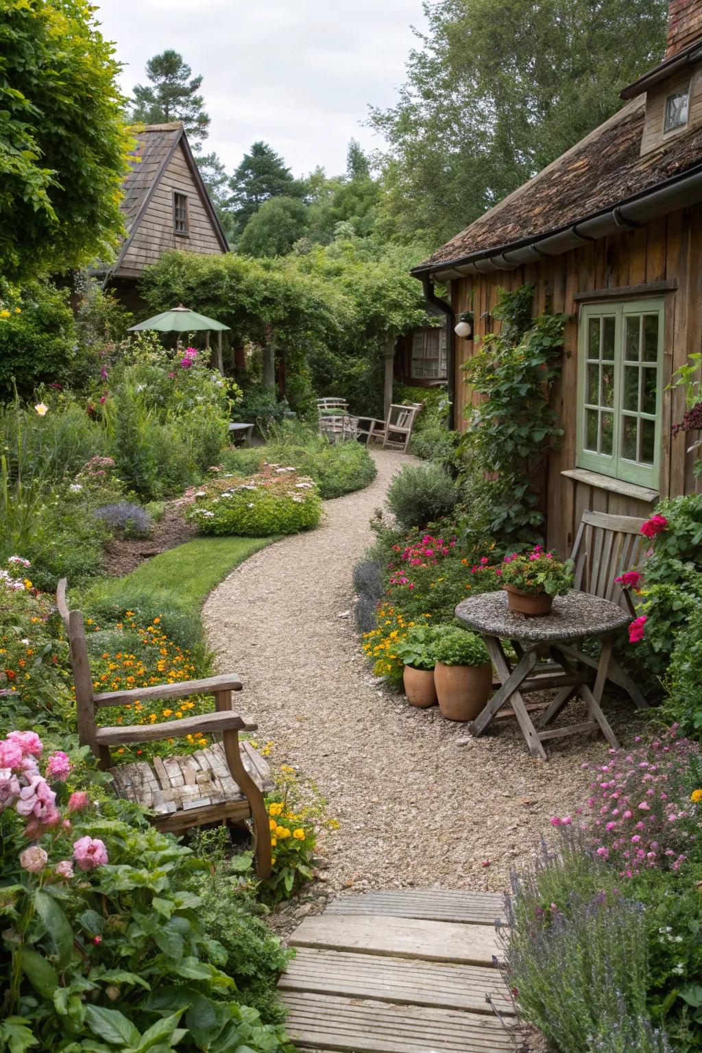 A cottage garden exuding charm with pea gravel paths and rustic touches.