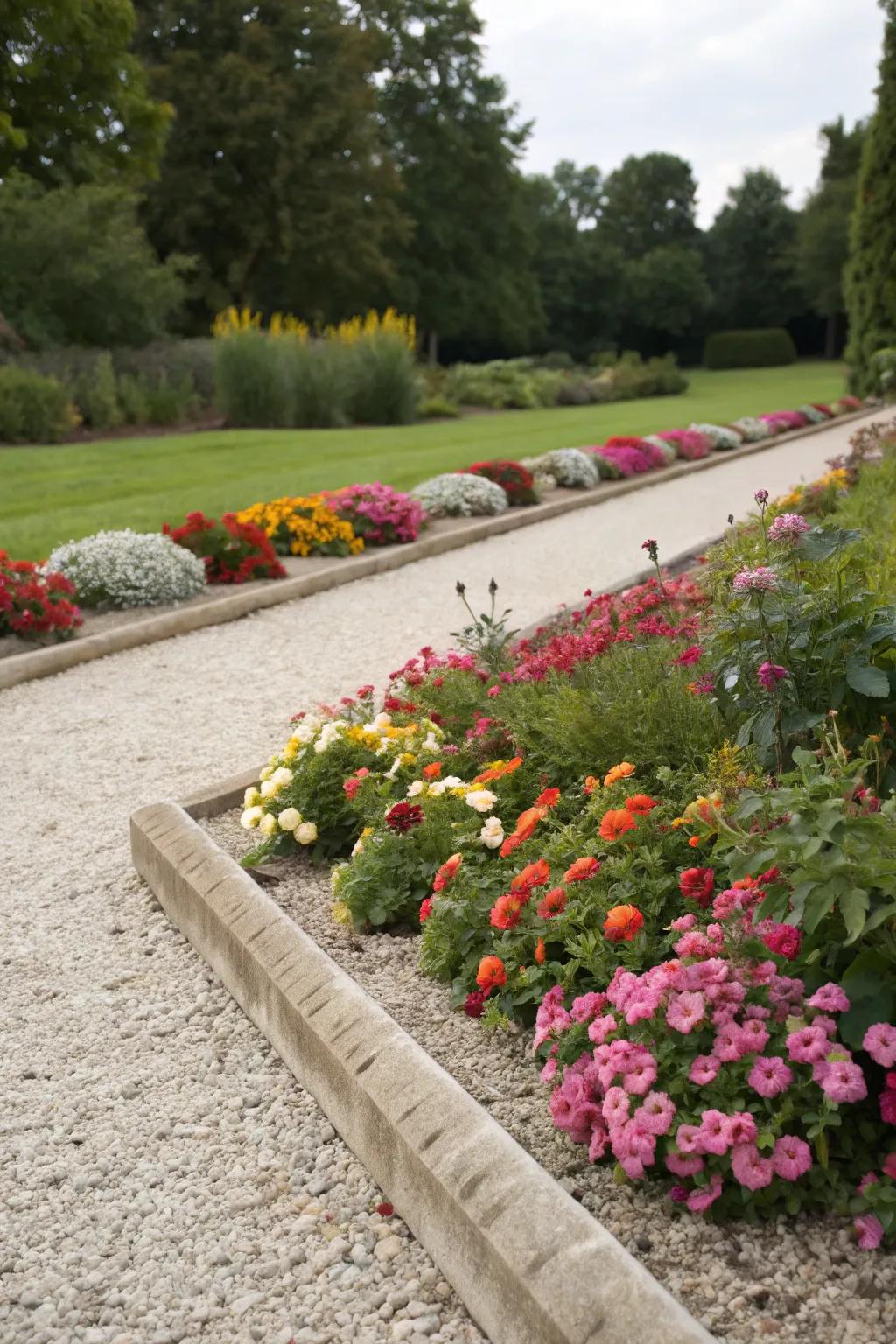 Pea gravel borders framing vibrant flower beds for a neat and organized garden.