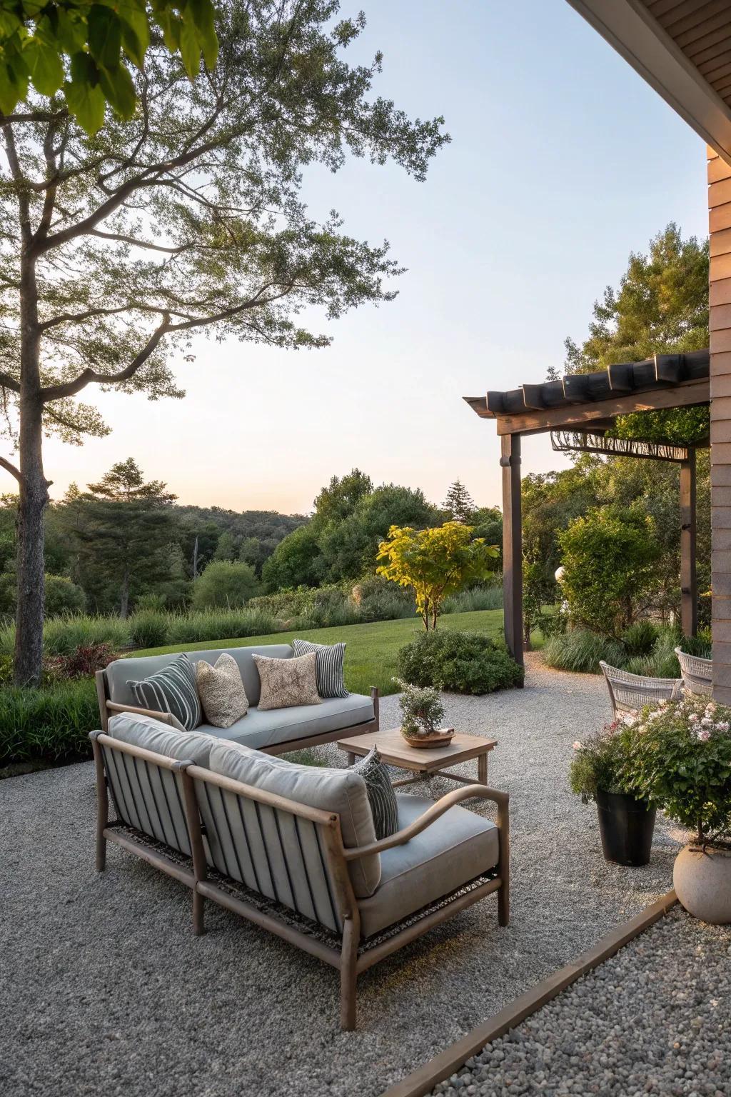 A tranquil patio space made inviting with a soft pea gravel base.
