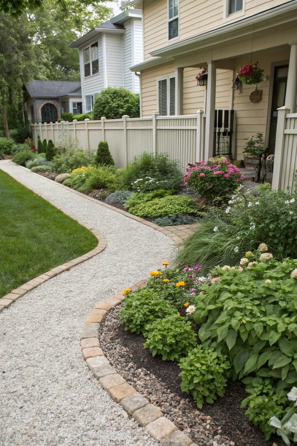 A front yard transformed with pea gravel for an elegant and welcoming entrance.