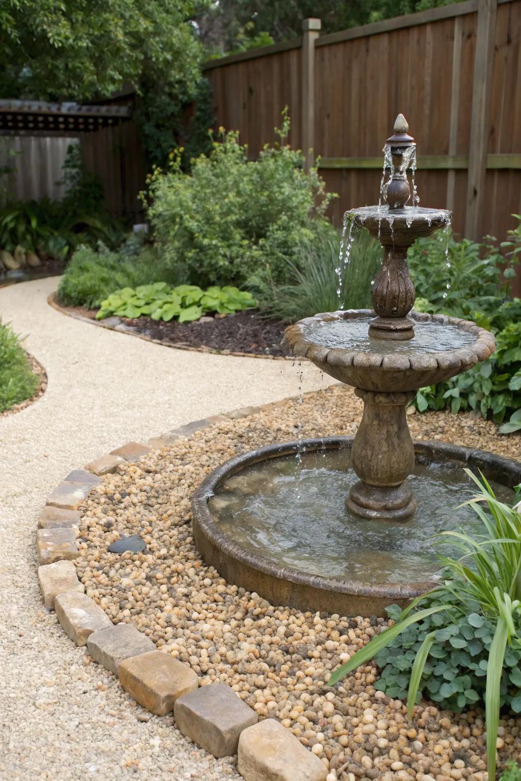 A serene water feature accentuated by the natural beauty of pea gravel.