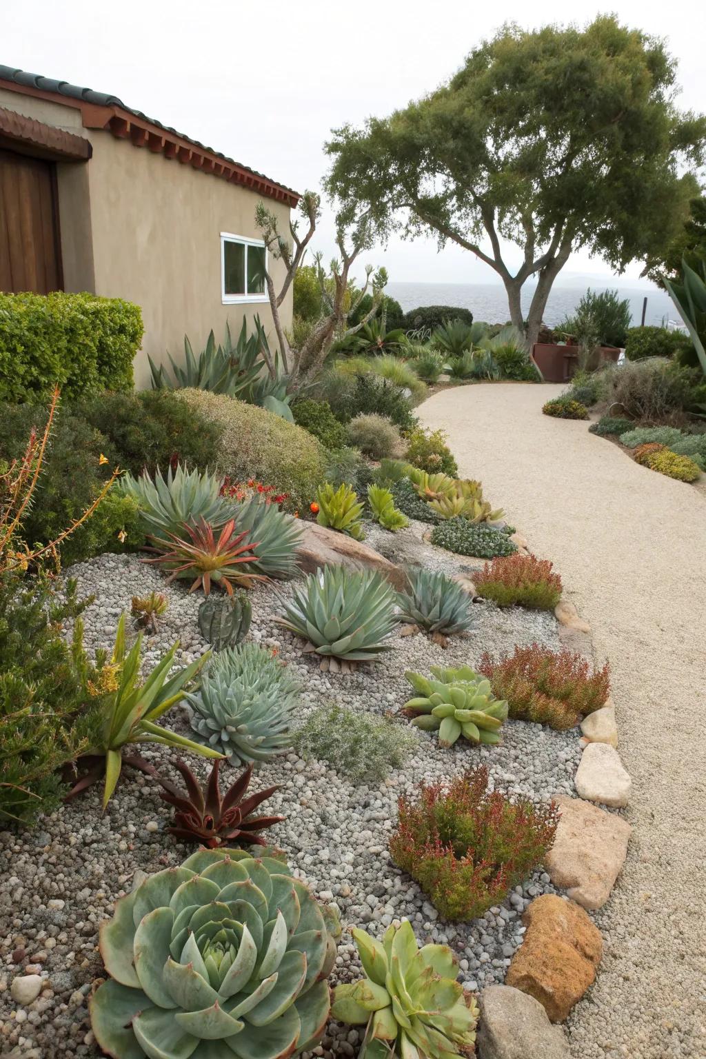 A sustainable garden design using pea gravel and drought-resistant plants.