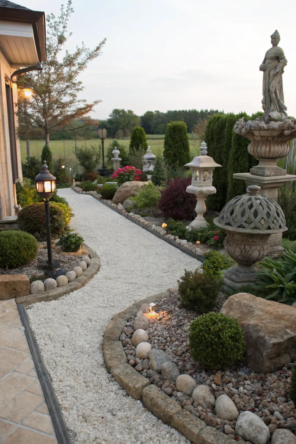 Garden sculptures framed beautifully by pea gravel for added charm.
