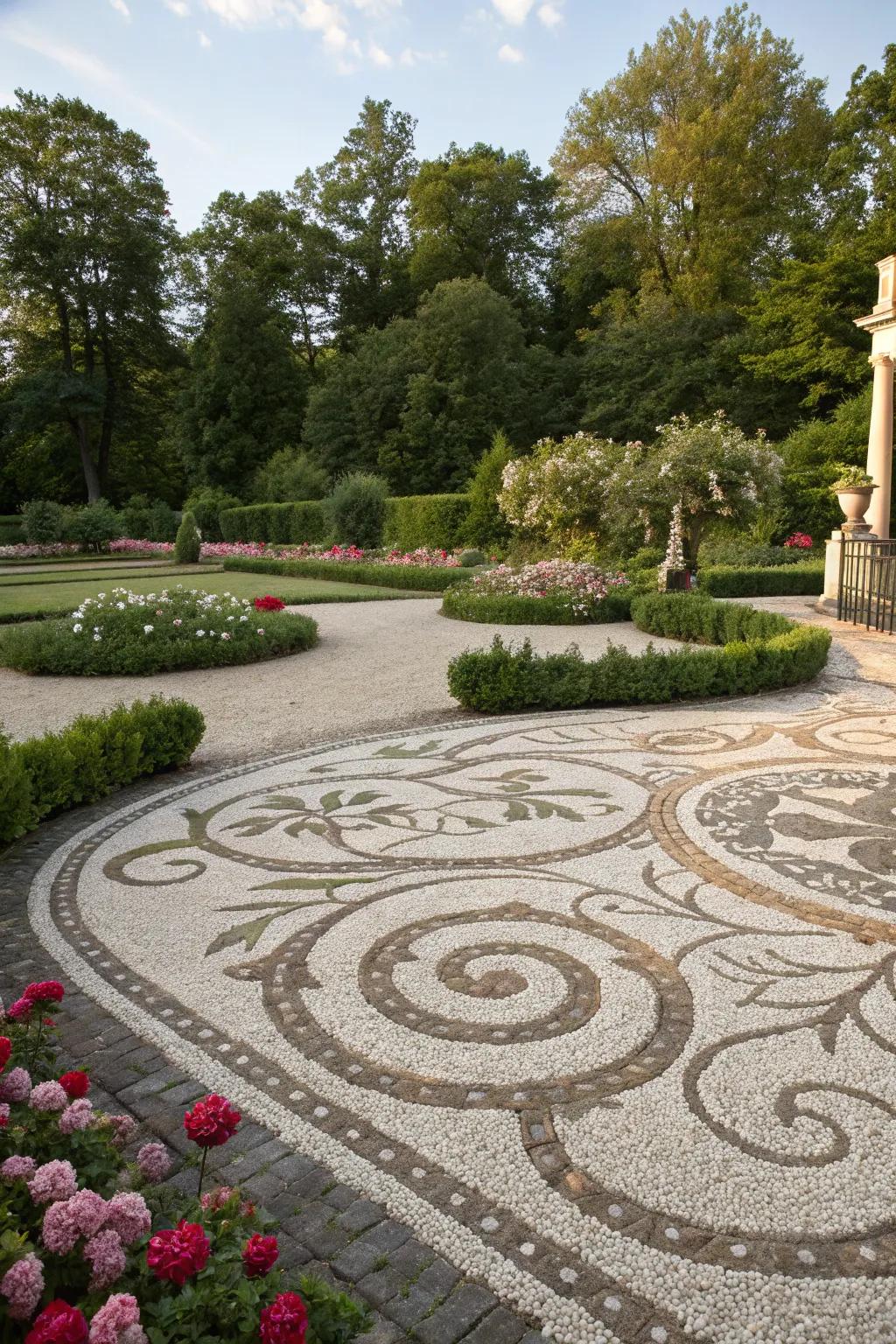 A garden installation featuring artistic patterns created with pea gravel.
