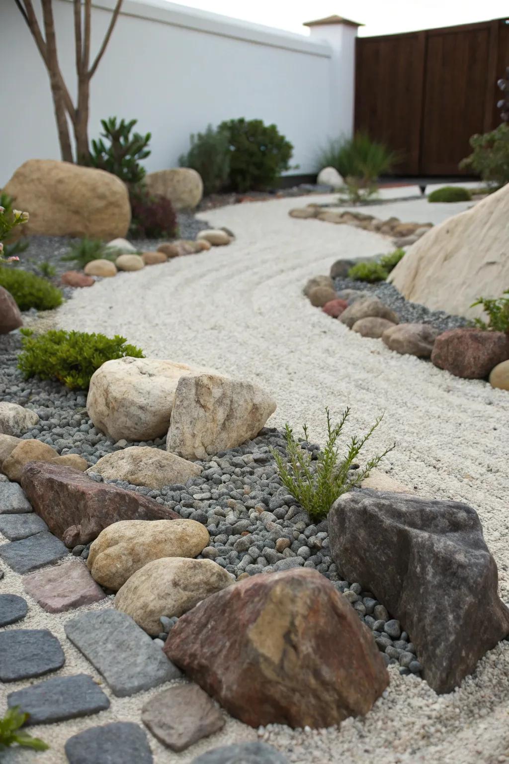 A harmonious rock garden featuring pea gravel for a natural look.