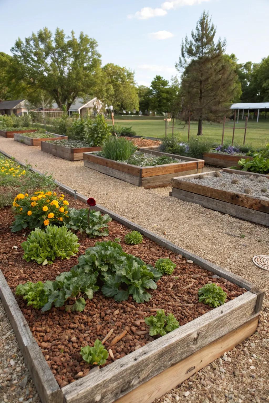 Garden beds enriched with a textured mix of pea gravel and mulch.