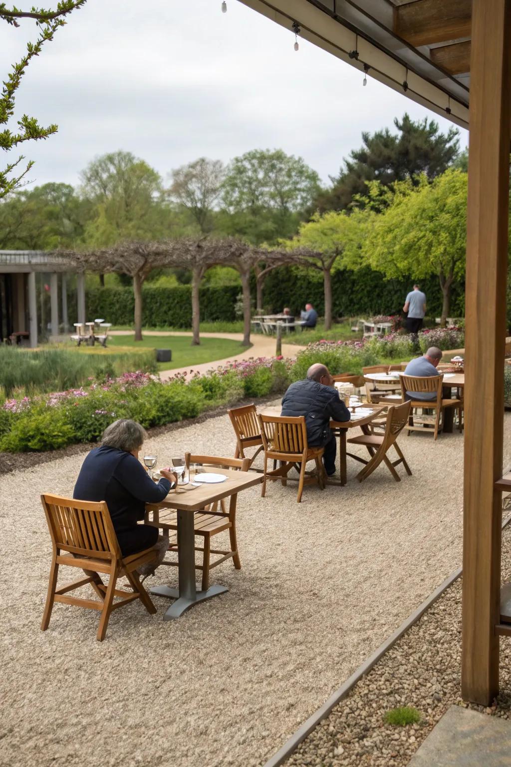 A functional outdoor dining area clearly defined by pea gravel.