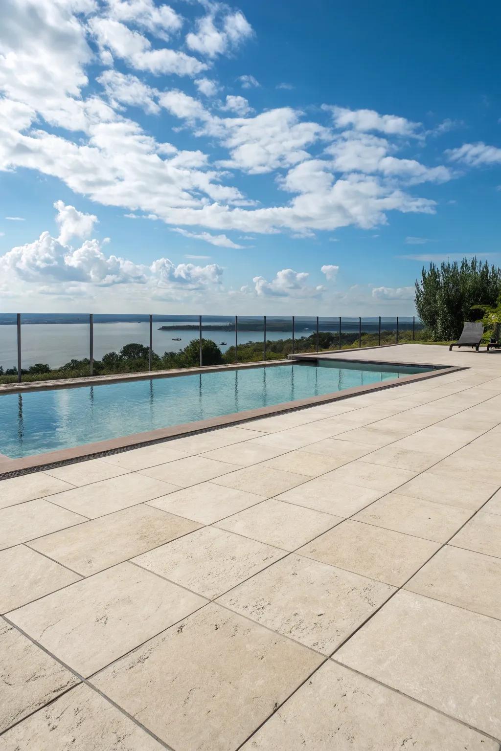 Soft neutral tones create a serene and timeless pool deck.