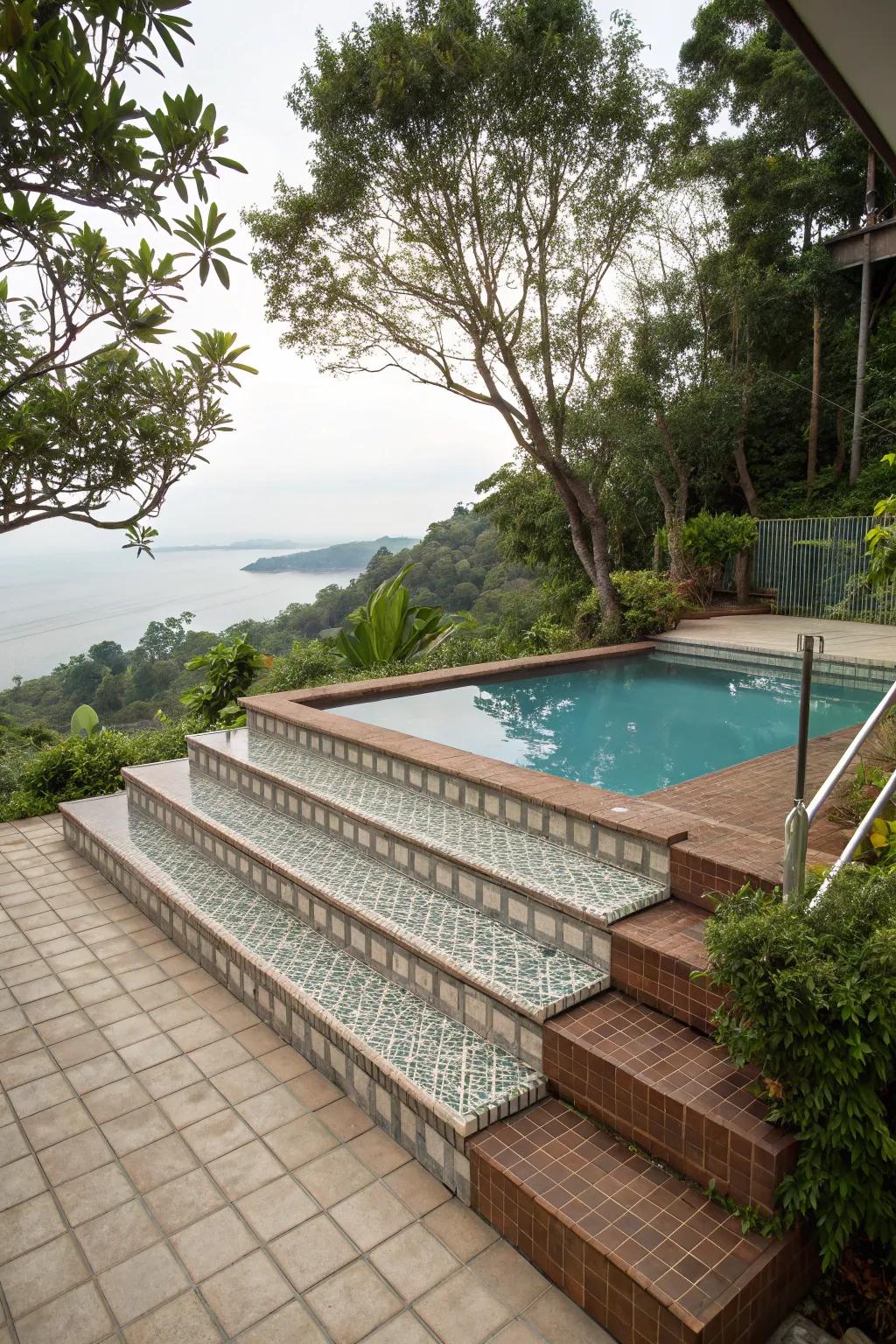 Multi-level decking with tiled steps adds dimension and usability.