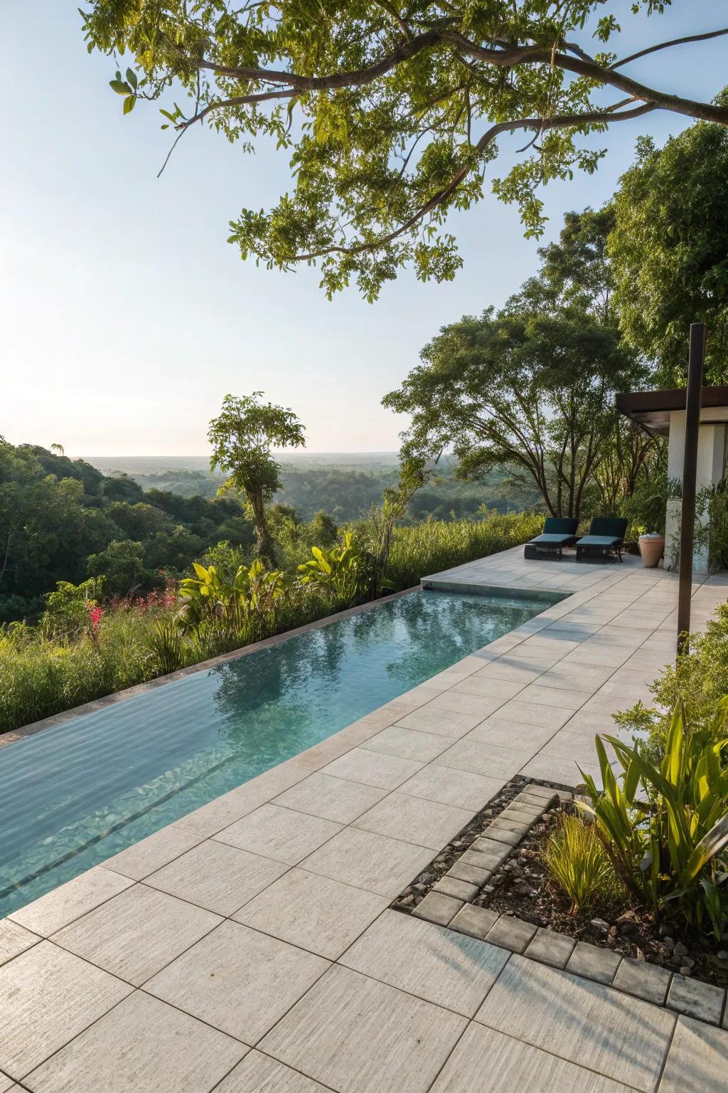 Natural integration with greenery creates a harmonious outdoor space.