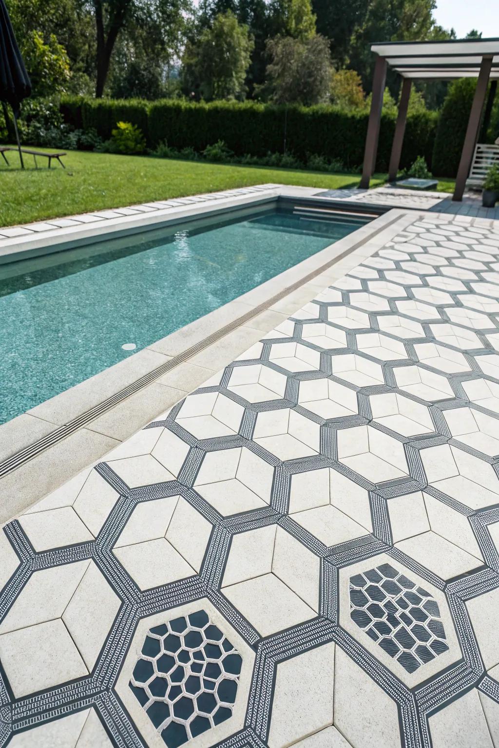 Geometric tile patterns bring a modern edge to your pool deck.