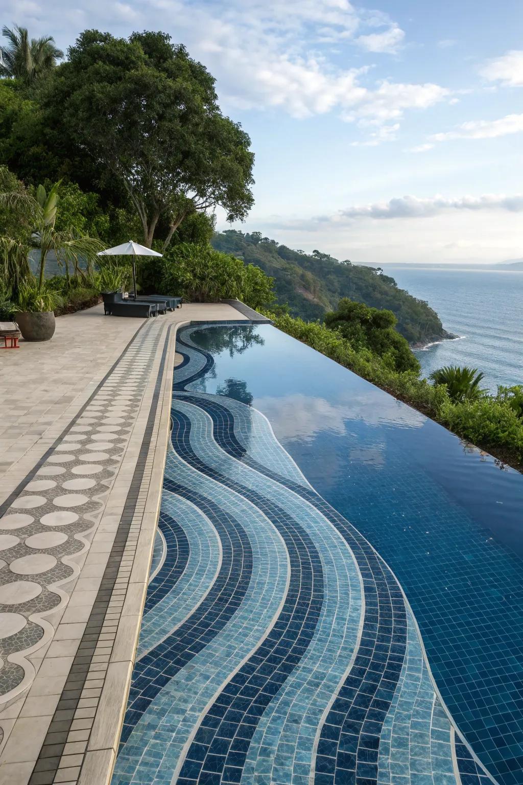The infinity edge with flowing patterns enhances tranquility and luxury.