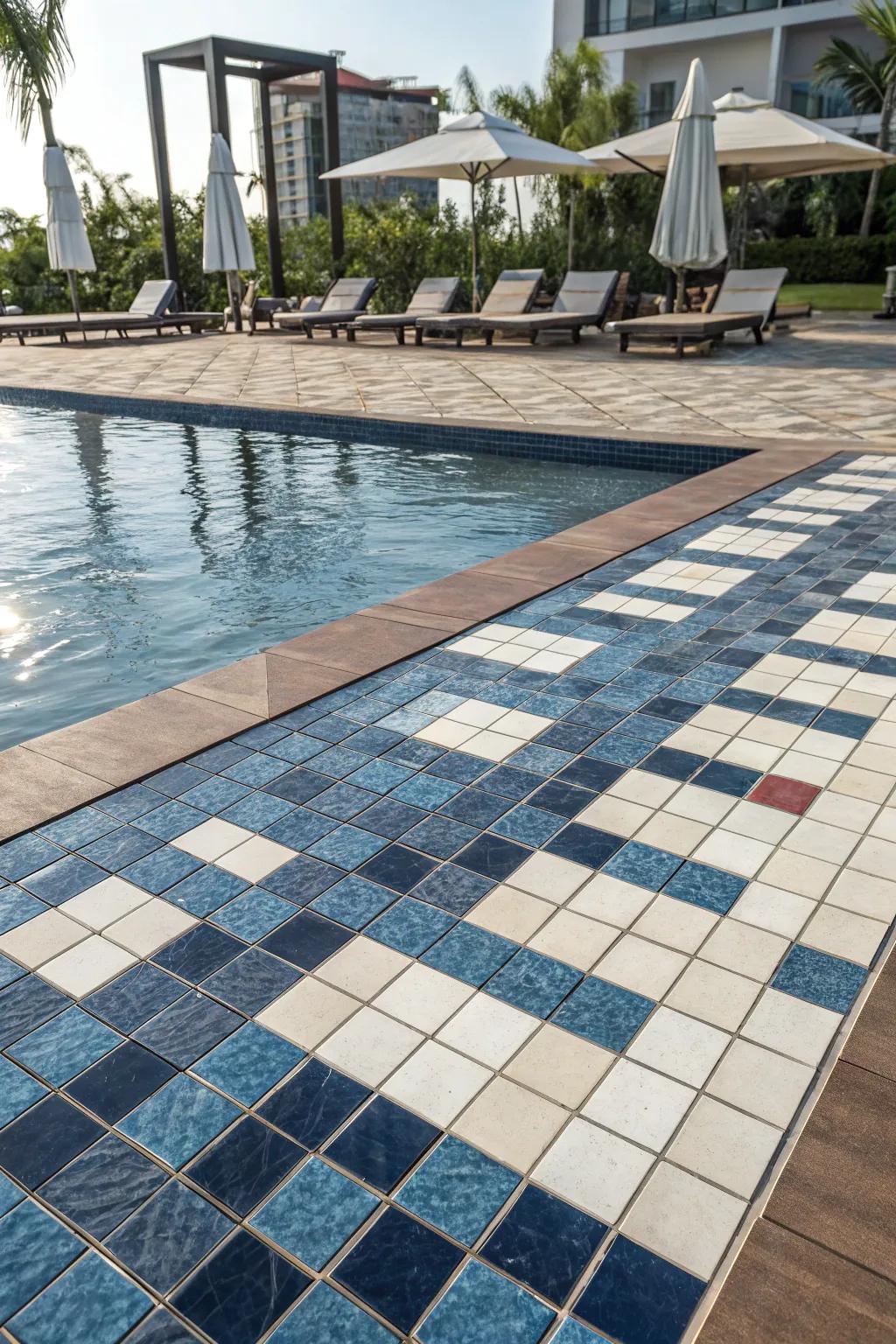 Dynamic dual finishes offer a sophisticated, eye-catching pool deck.