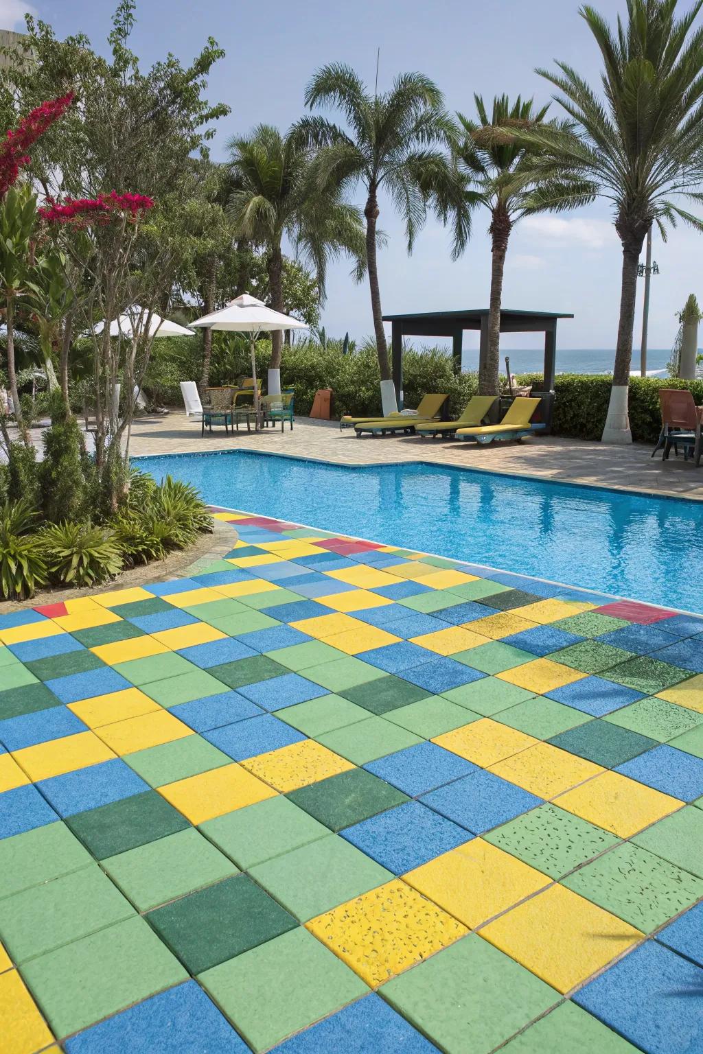 Multicolor tiles add a playful, vibrant touch to your pool deck.