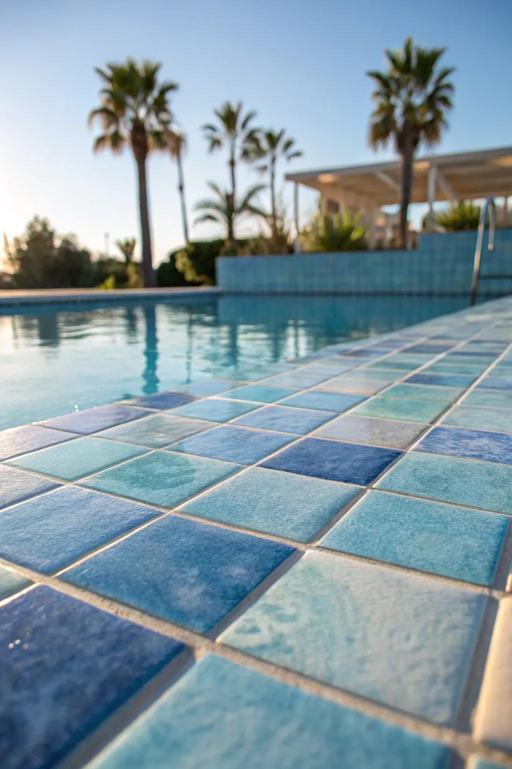 Watercolor blue tiles create a serene coastal atmosphere.