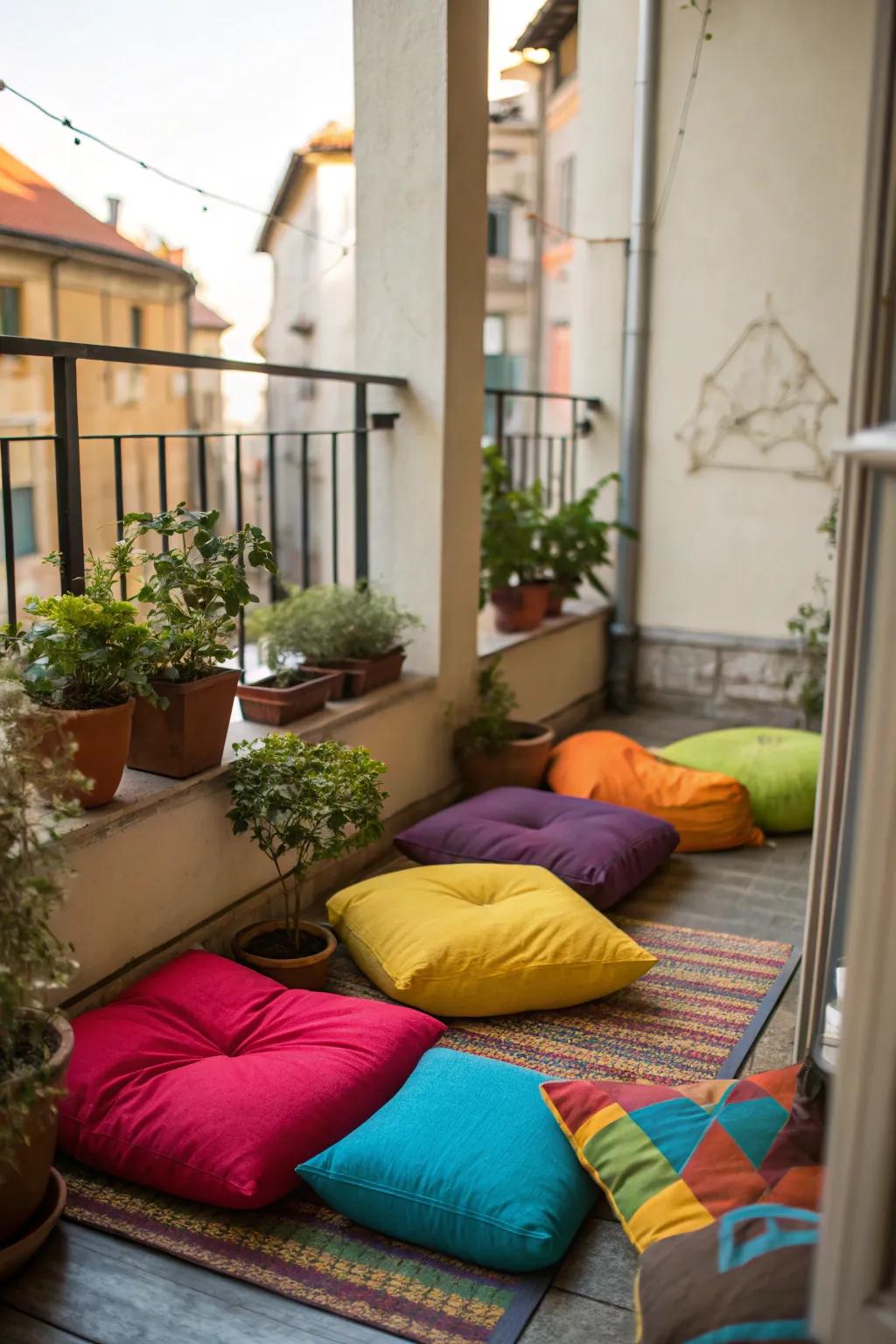 Floor cushions provide a cozy seating option for small terraces.