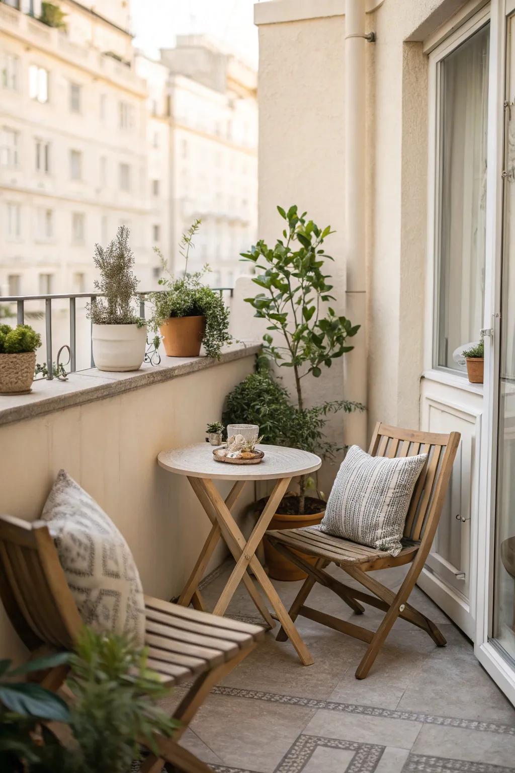 Neutral colors create a serene and spacious feel on small terraces.