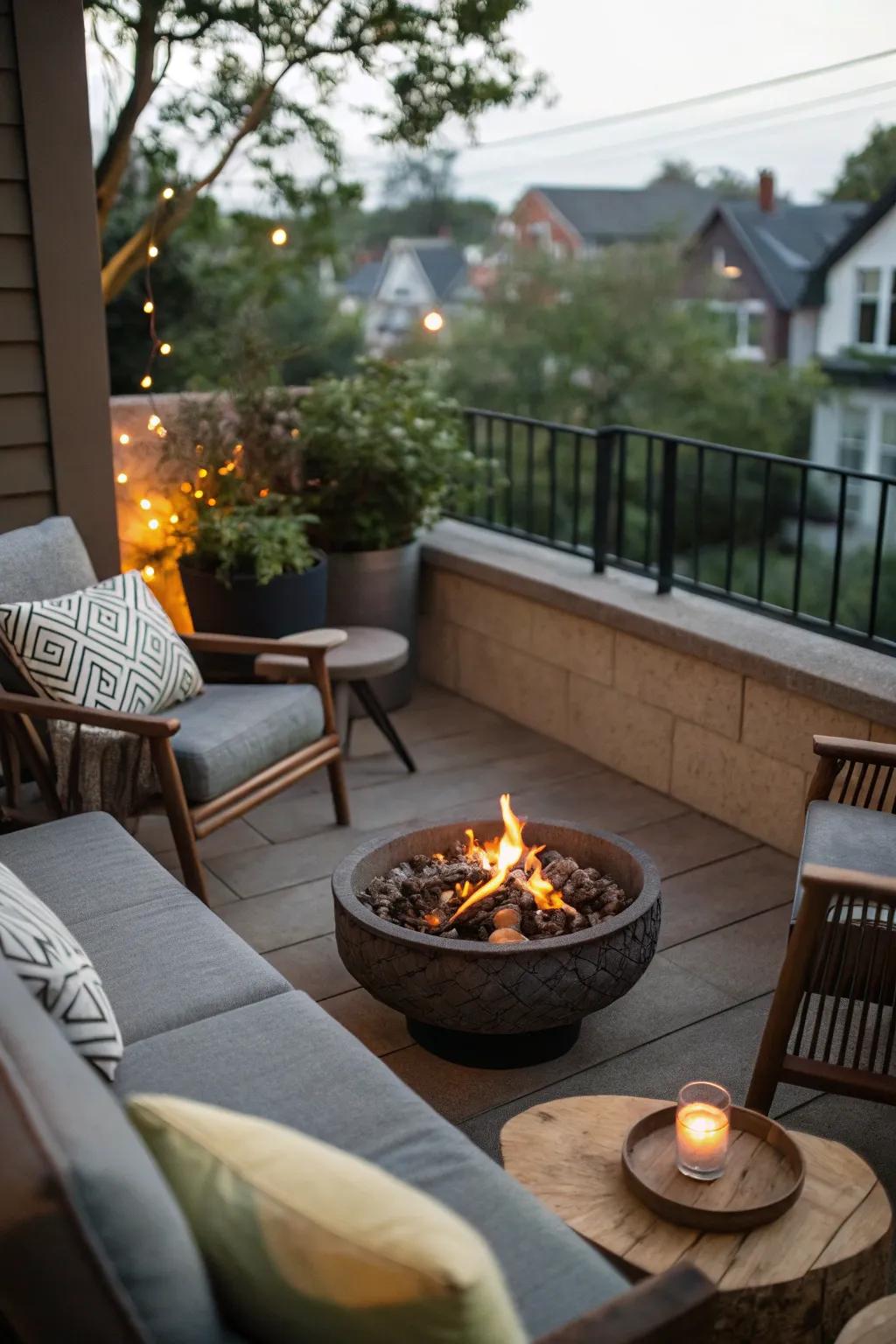 A fire pit adds warmth and ambiance to small terraces.