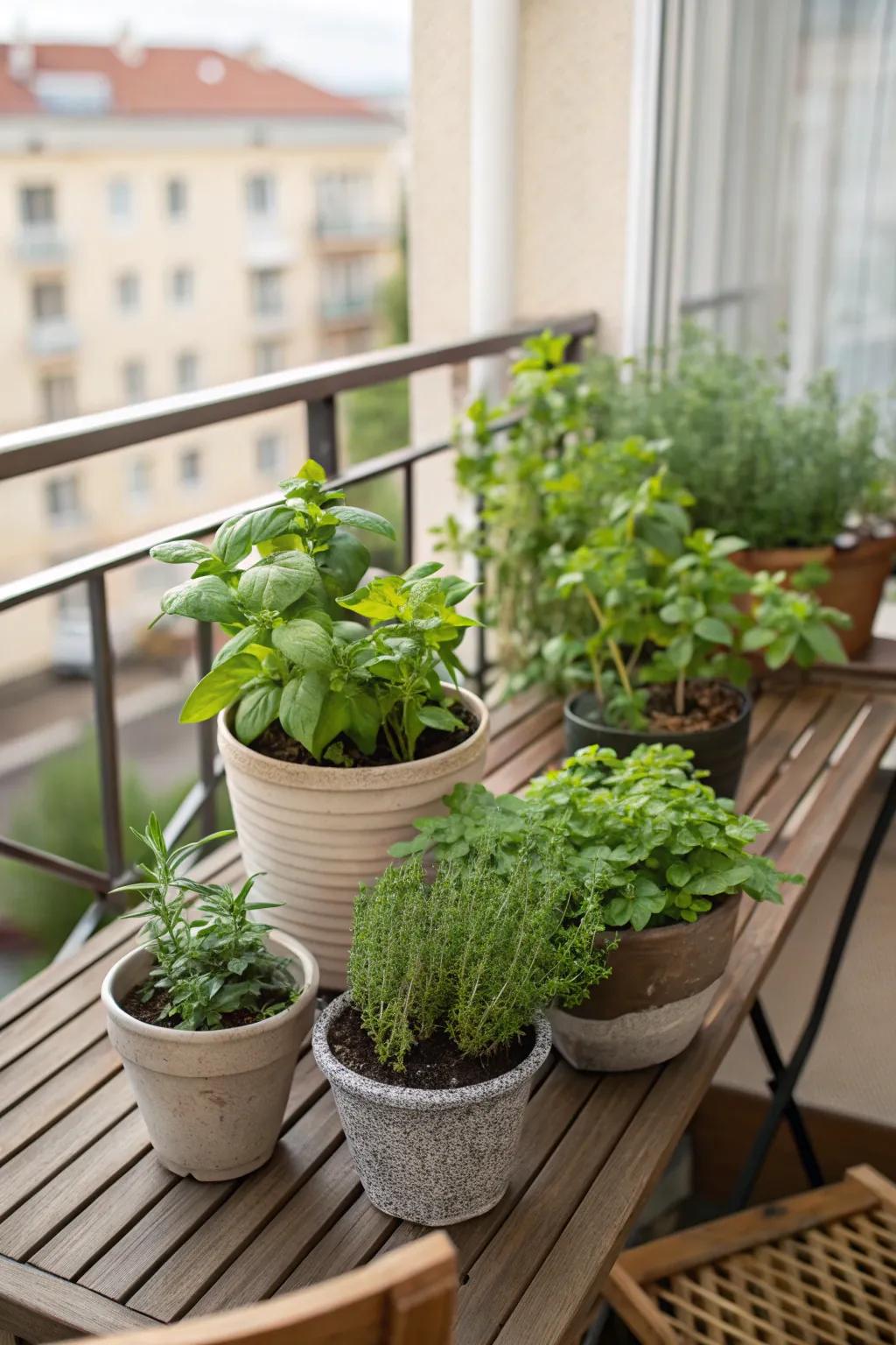 A mini herb garden is a practical and decorative feature for small terraces.