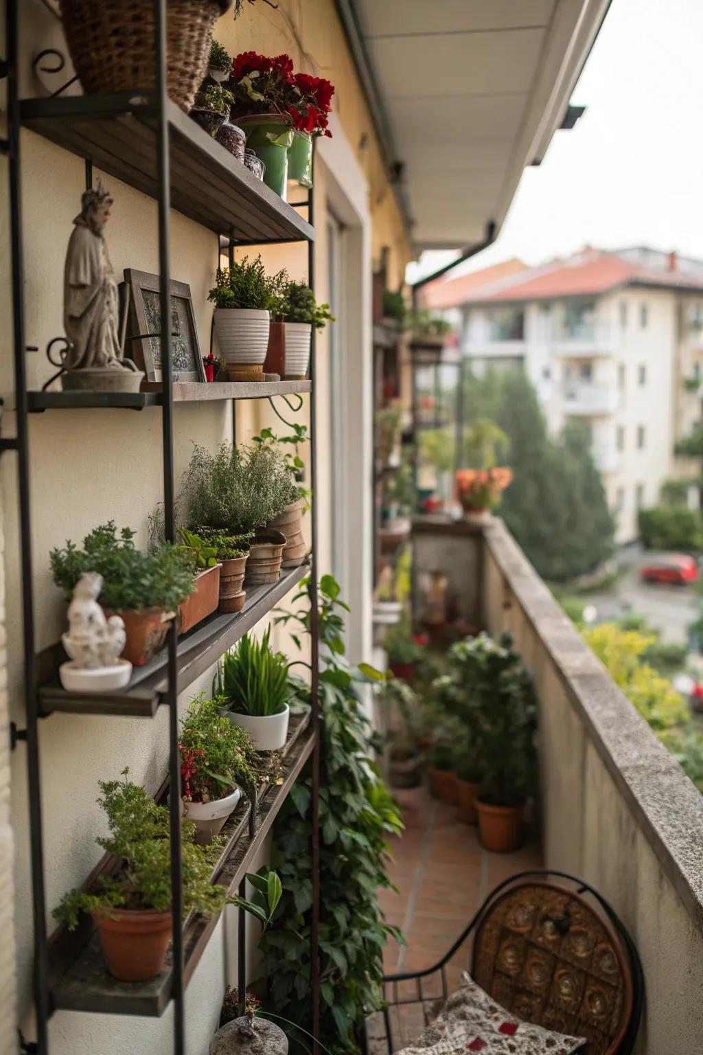 Shelves provide space for decorative displays on small terraces.