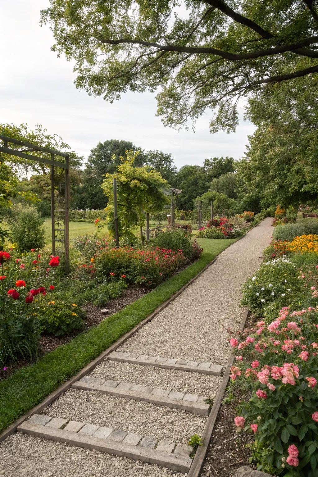 Defined gravel pathways winding through a Milwaukee garden.