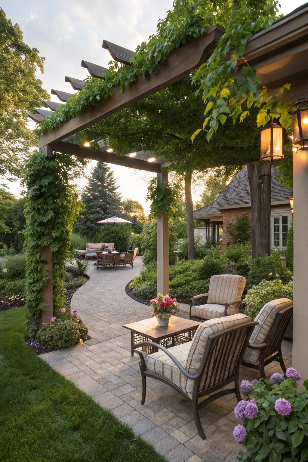A cozy outdoor living space in a Milwaukee garden, featuring a pergola and comfortable seating.
